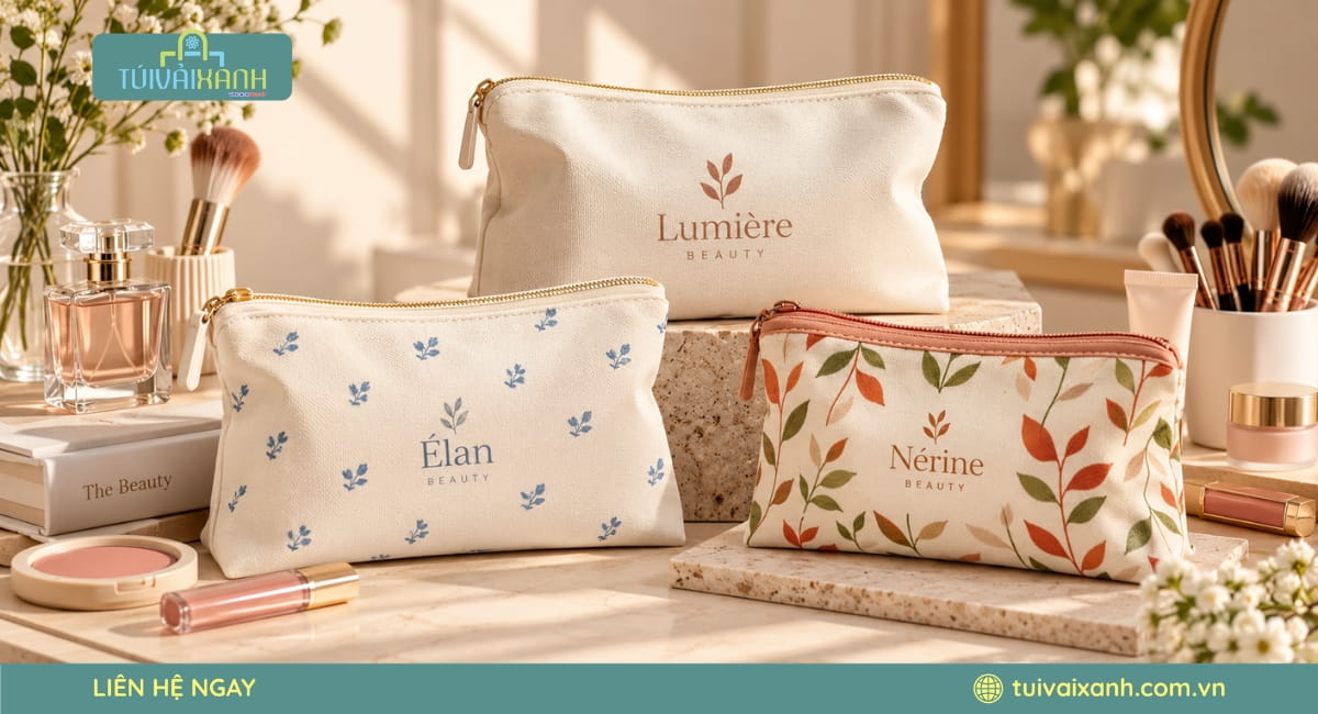 Túi vải đựng mỹ phẩm có ưu điểm gọn nhẹ, dễ mang theo, tái sử dụng và đa dạng kiểu dáng thiết kế.